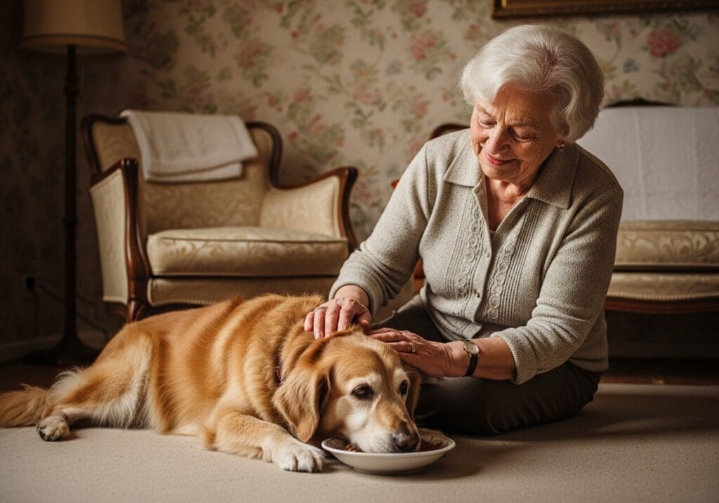 Oude hond rust ontspannen na maaltijd, samen met baasje