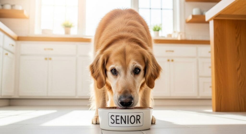 Oudere golden retriever eet uit een voerbak met het label “Senior” in een lichte keuken