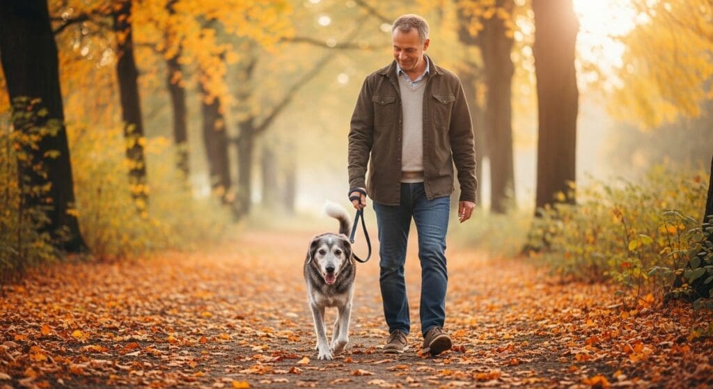 Oudere hond loopt rustig met baasje in het park.