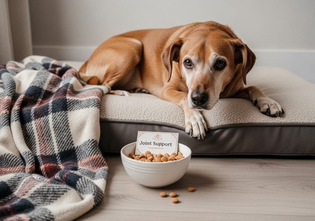 Oudere hond met supplementen bij een rustplek