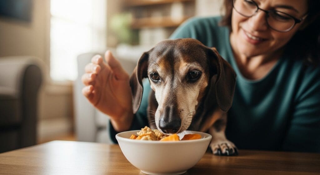 Oudere hond ruikt aan lauwwarm herstelvoer op bordje, baasje biedt troost.