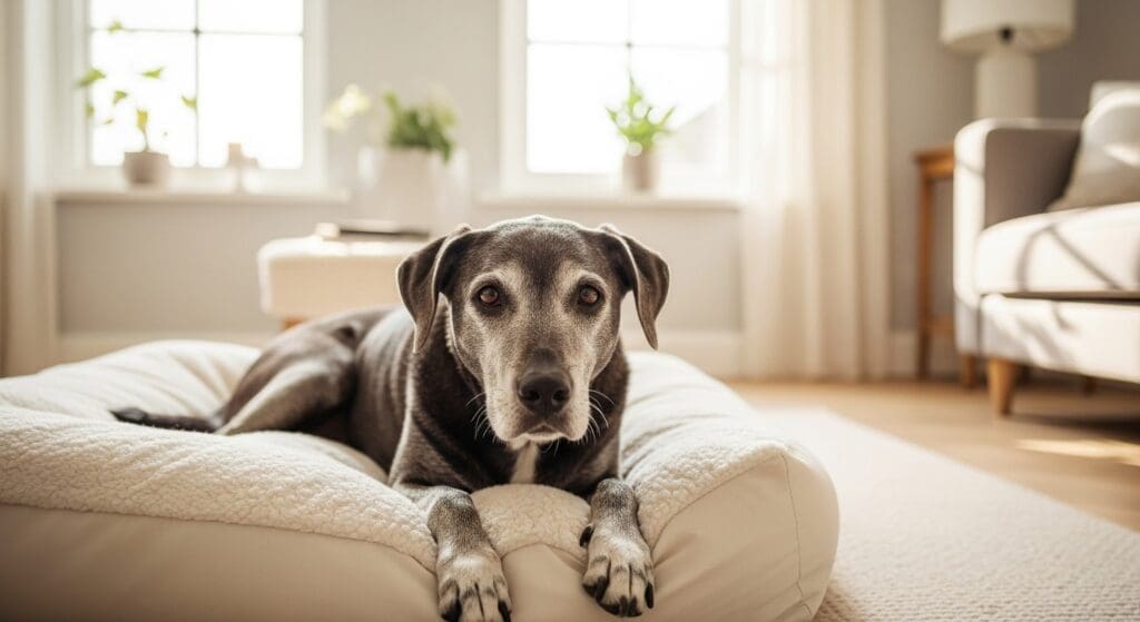 Oudere hond rust op zacht hondenkussen in woonkamer.