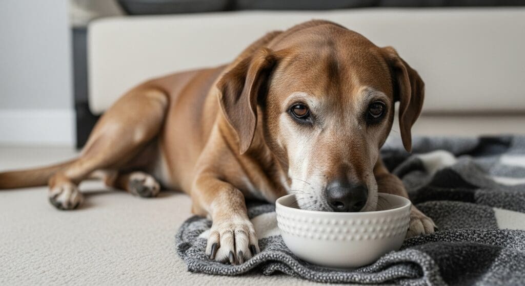 Oudere hond rust uit na het eten van zelfgemaakt hondenvoer, met een dekentje.