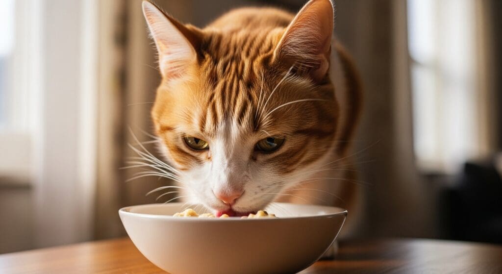 Oudere kat eet verwarmd nierdieet van Hill’s uit keramieken bakje.