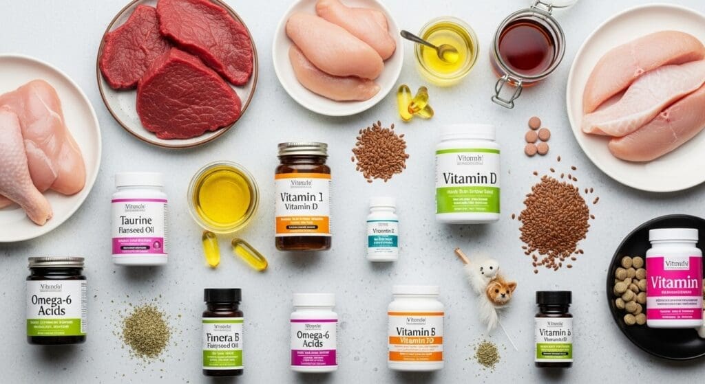 Overzicht van natuurlijke en synthetische bronnen van kattenvitamines, zoals vlees, oliën en supplementen.
