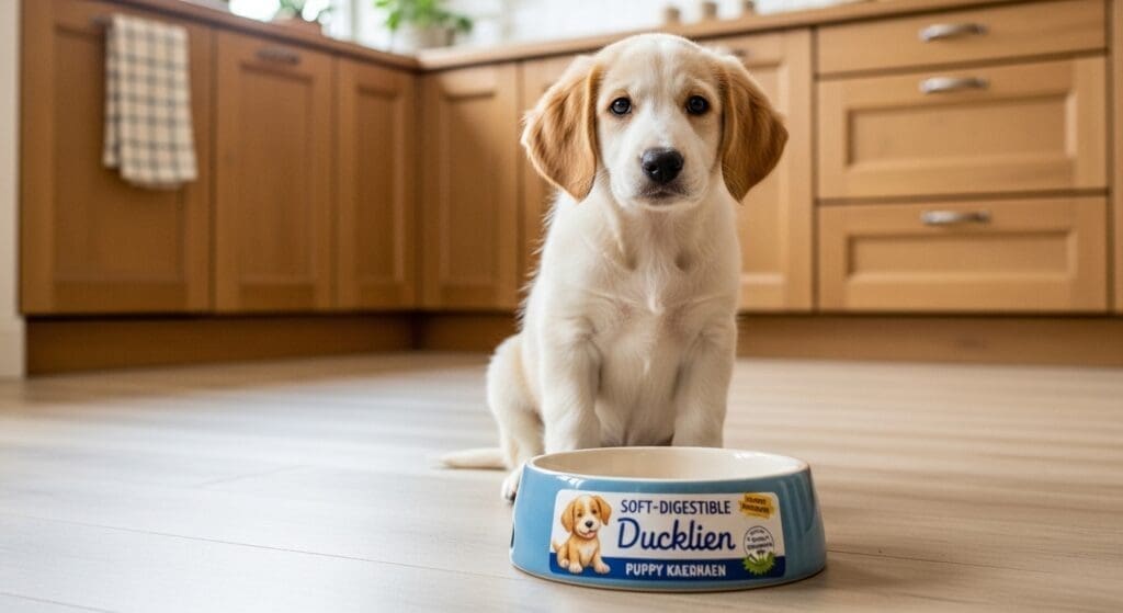Puppy met licht verteerbare voeding in keuken.