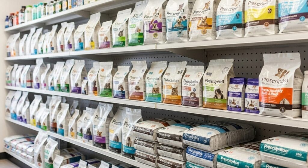 Rek in dierenkliniek met verschillende dieetvoedingen, waaronder Royal Canin.
