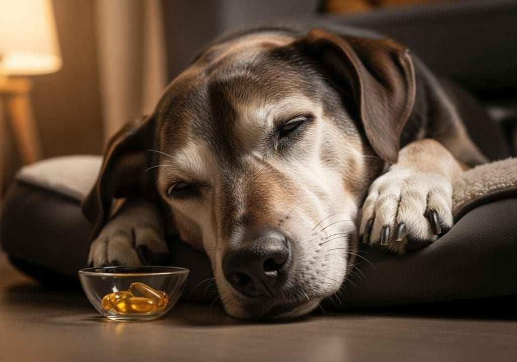Senior hond met Omega 3 capsules op een rustplek in huis