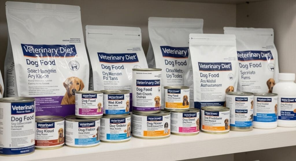 Veterinary clinic shelf displaying various veterinary diet dog foods with clear medical labeling