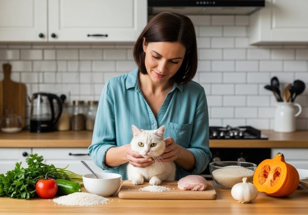 Vrouw maakt zachte maaltijd voor oudere kat in huiselijke keuken