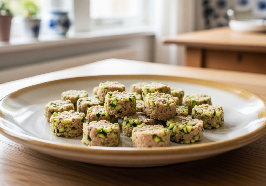 Zelfgemaakte gezonde snacks voor katten met courgette en tonijn op keramieken bord