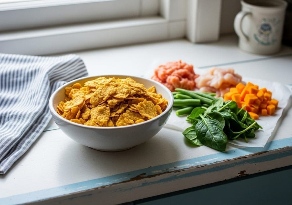 Zelfgemaakte glutenvrije kattenflakes in een keramieken kom op Hollandse keukentafel