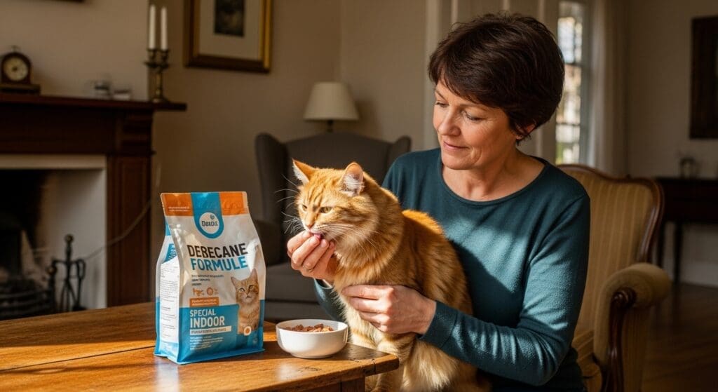 binnenkat krijgt speciaal voeding voor binnenkatten in moderne woonkamer