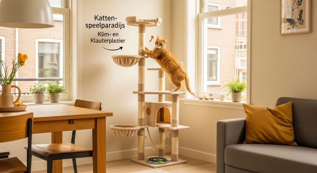 binnenkat naast verpakking van binnenkatten dieetvoer in heldere keuken.
