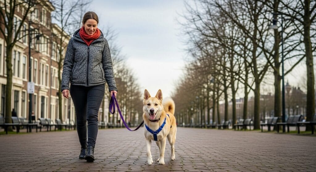 hondeneigenaar wandelt met fittere hond in stadspark, hond oogt vrolijker.