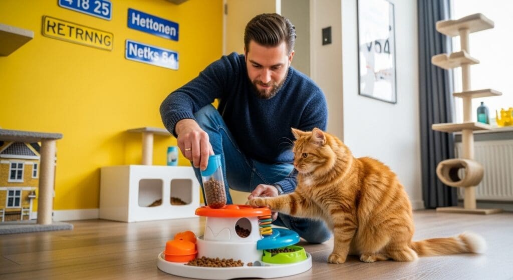 katteneigenaar vult voerpuzzel voor binnenkat in lichte woonkamer