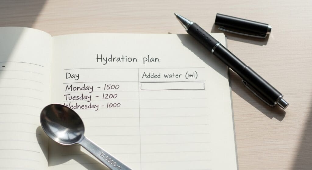 Bovenaanzicht van notitie met dagelijks waterplan in ml, pen en maatlepel