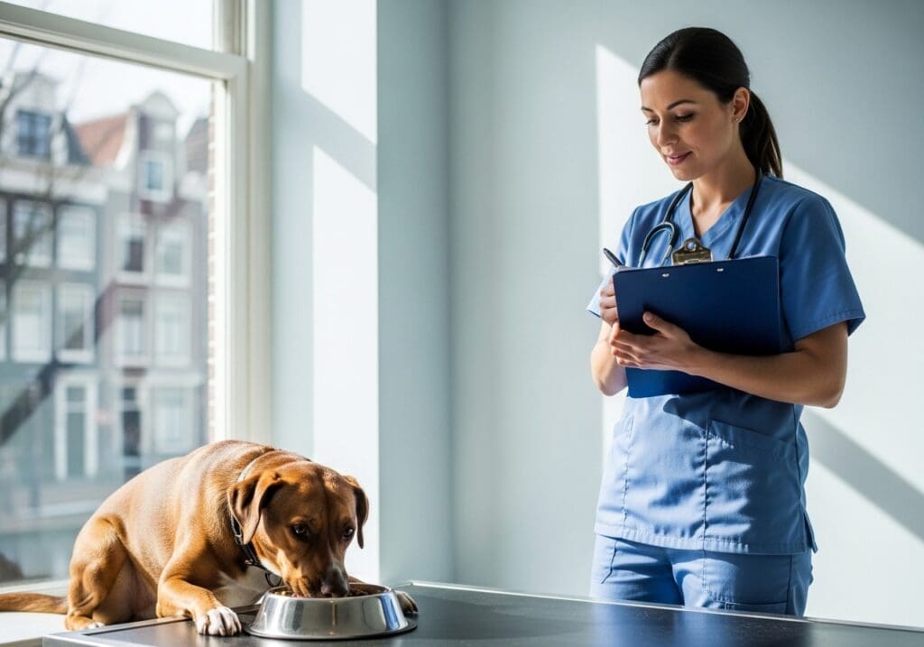 Dierenarts observeert hond tijdens eten