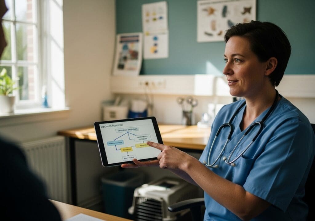 Dierenarts wijst op beslisboom voor gevoelige darmen op tablet