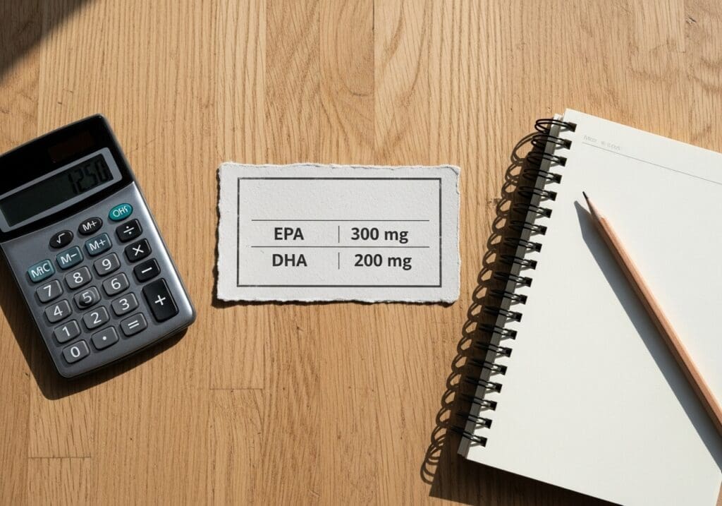 Flatlay met etiket van visolie, rekenmachine en notitieblok om EPA en DHA in mg af te lezen