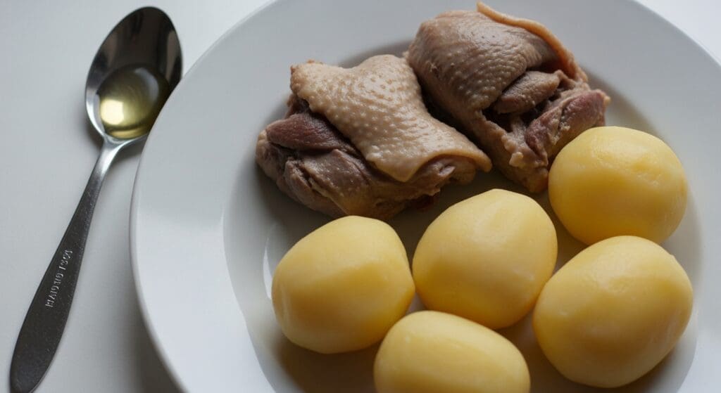 Gekookte eend zonder huid met aardappel en theelepel olie