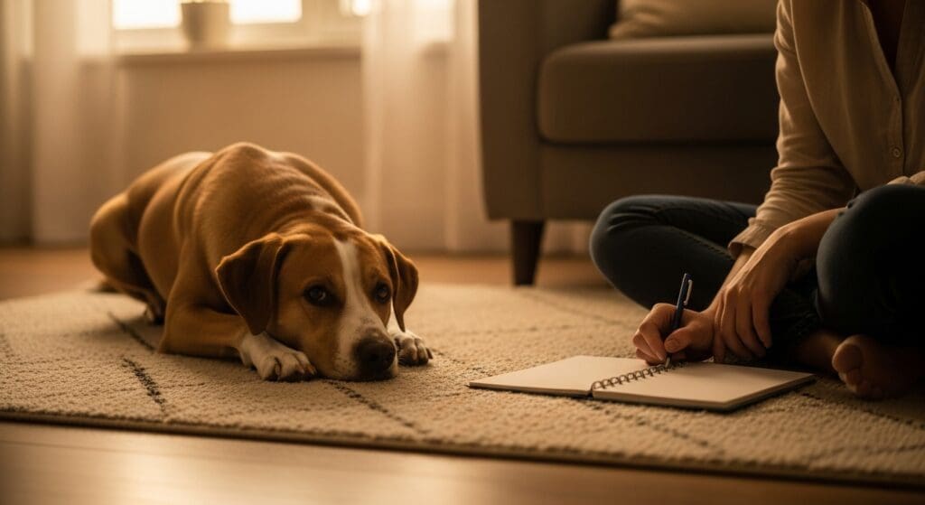 Hond ligt rustig terwijl eigenaar een voedingsdagboek controleert