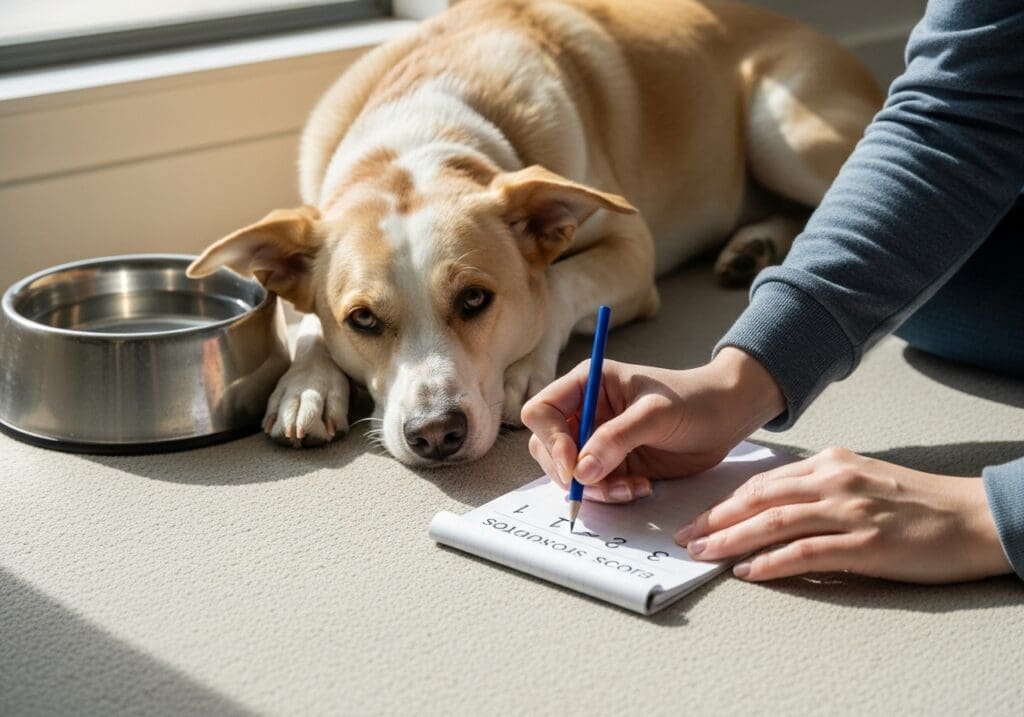 Hond rust bij waterbak terwijl eigenaar ontlasting-score noteert