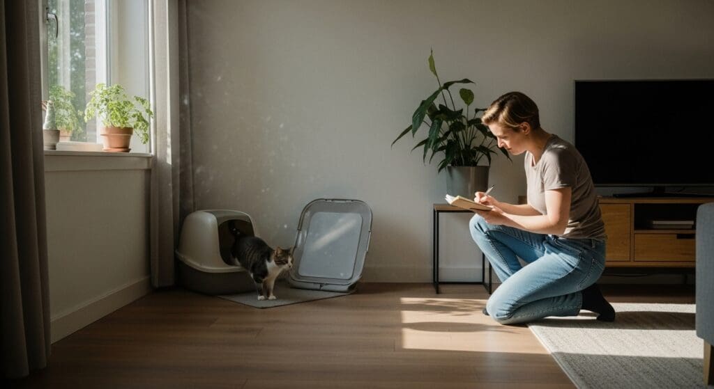 Kat stapt uit de kattenbak; eigenaar houdt notitieboekje vast