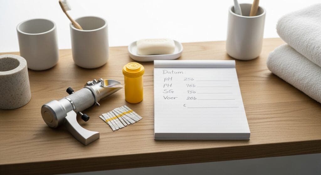 Refractometer, pH-strips en notitiekaartje met kolommen