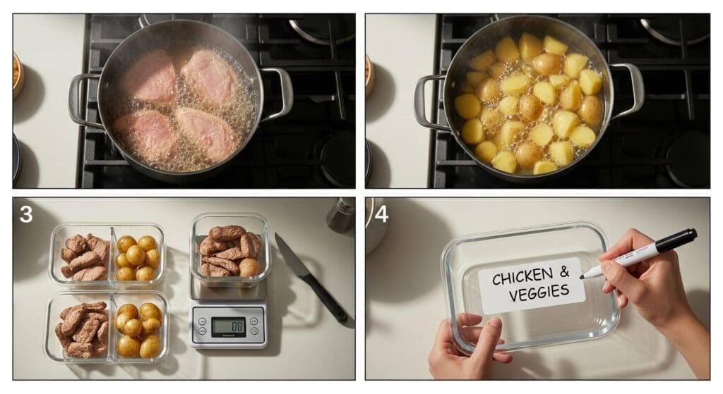 Stapsgewijs: koken, wegen, bakjes vullen en labels maken